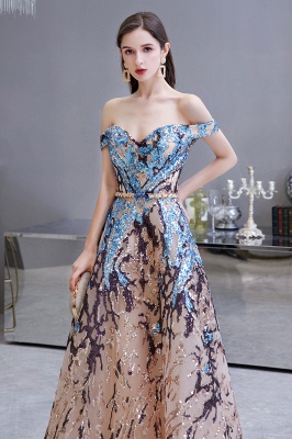 Off the Shoulder Sweetheart Beaded Belted Sparkly A-line Prom Dresses_5