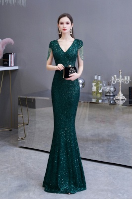 V-neck Cap Sleeves Floor Length Emerald Form-fitting Sequin Prom Dresses_3