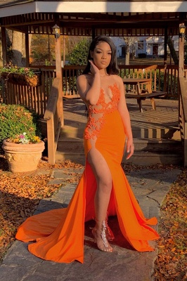 Jewel Sheer Sleeveless Appliques Orange Mermaid Prom Dresses with Side Split_1