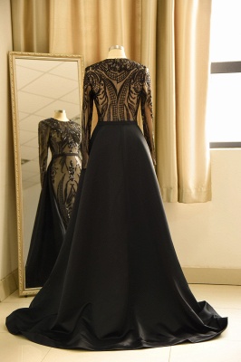Jewel Long Sleeves Black Prom Dresses with Detachable Overskirt_3