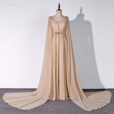 Sleeveless V-neck A-line Champagne Prom Dresses with Watteau Train_6