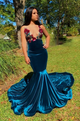 Stylish Straps V-neck Appliques Mermaid Dark Blue Velvet Prom Dresses_1