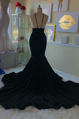 Spaghetti Straps V-neck Crystals Mermaid Velvet Black Prom Dresses_2