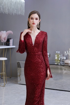 V-neck Long Sleeves Form-fitting Floor Length Burgundy Sequin Prom Dresses_14