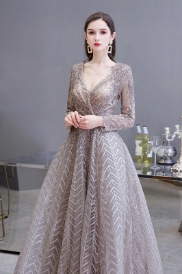 V-neck Long Sleeves Floor Length Lace A-line Gorgeous Prom Dresses_5