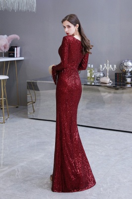 V-neck Long Sleeves Form-fitting Floor Length Burgundy Sequin Prom Dresses_26