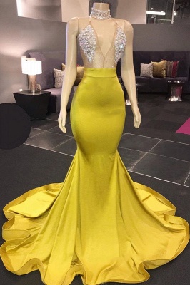 Yellow Sleeveless Floor Length Crystals Sheer Sparkly Sexy Mermaid Prom Dresses_1