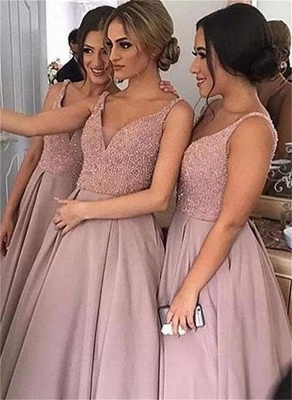 Elegant V-Neck Sleeveless Floor Length Bridesmaid Dress with Beadings_2