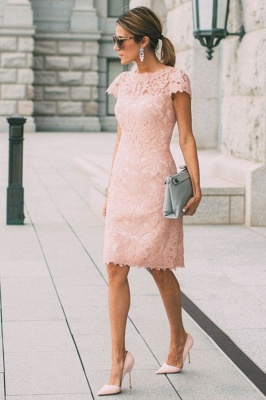 Round Neck Short Sleeves Grace Pink Lace Midi Wedding Guest Dresses