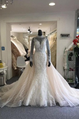 Gorgeous High Neck Long Sleeve Applique Pearls Mermaid Wedding Dress With Detachable Train_1