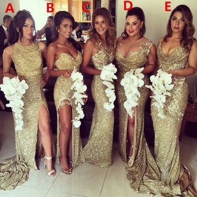 Sexy Sequins Mermaid Bridesmaid Dresses Side Slit Appliques Formal Wedding Party Gowns_3