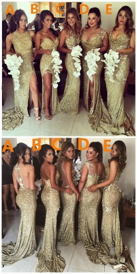 Sexy Sequins Mermaid Bridesmaid Dresses Side Slit Appliques Formal Wedding Party Gowns_2