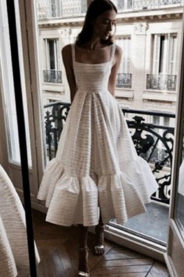 Stylish Spaghetti Straps Square Neck Skirt Midi Wedding Guest Dresses_2
