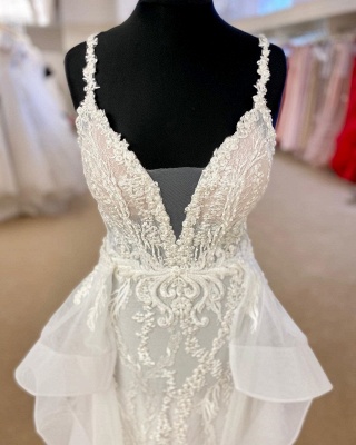 Sexy Spaghetti Strap V Neck Lace Sheath Detachable Skirt Overlay Wedding Dress_4