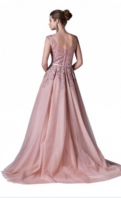 Classy Scoop Neck Appliques Lace A-line Floor-length Prom Dress With Side Slit_3