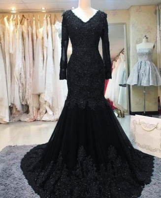 Vintage Long Sleeves V-neck Tulle Lace Mermaid Evening Dress With Pearl_4