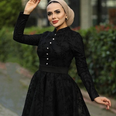 Black High Neck Long Sleeves Appliques Lace A-line Prom Dress With Belt_3
