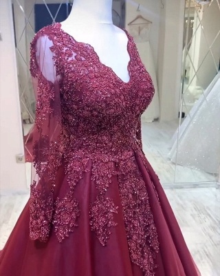 Charming V-neck Appliques Lace Tulle A-Line Prom Dress With Long Sleeves_3