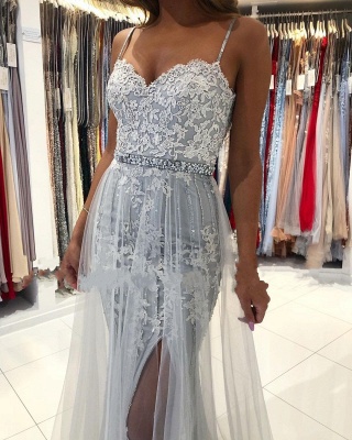 Spaghetti Straps Appliques Lace Split Mermaid Prom Dress With Tulle Train_4