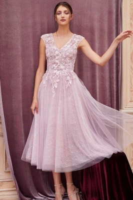 Elegant Wide Straps V-neck Ankle Length Prom Dress With Lace Appliques_1