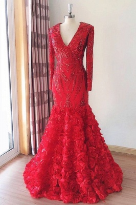 Charming Long Sleeves Deep V-neck Floral Appliques Sequins Mermaid Prom Gown_1