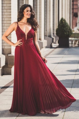 A-line Spaghetti Straps V-neck Appliques Floor-length Prom Dress With Ruffles_1