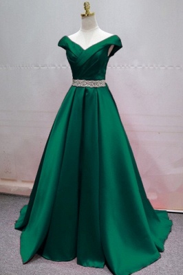 Stylish Off-the-shoulder Satin A-line Ruffles Evening Prom Dress With Crystal Belt_2