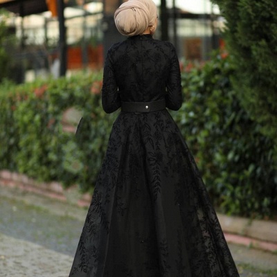 Black High Neck Long Sleeves Appliques Lace A-line Prom Dress With Belt_2