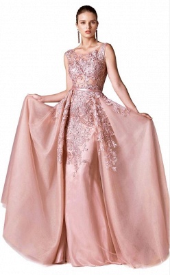 Classy Scoop Neck Appliques Lace A-line Floor-length Prom Dress With Side Slit_2