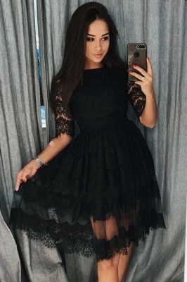 Cute Black Half Sleeves Knee-length Appliques Lace A-Line Prom Dress_1