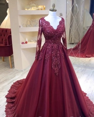 Charming V-neck Appliques Lace Tulle A-Line Prom Dress With Long Sleeves_2