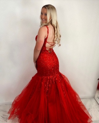 Stunning Spaghetti Straps Appliques Lace Tulle Floor-length Mermaid Prom Dress_2