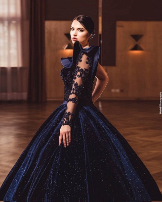 Gorgeous One Shoulder Long Sleeves Appliques Floor-length Ball Gown Prom Dress_3