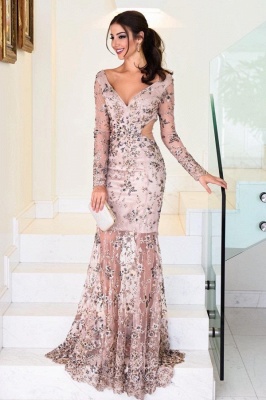 Charming Long Sleeves Deep V-neck Mermaid Prom Dress With Appliques Lace_1