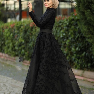 Black High Neck Long Sleeves Appliques Lace A-line Prom Dress With Belt_4