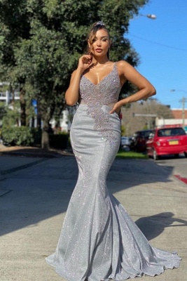 Sparkly Spaghetti Straps V-neck Sequins Mermaid Prom Dress With Lace Appliques_1