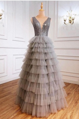 Attractive Bateau Sleeveless Sequins A-Line Tulle Layers Floor-length Prom Dress_1