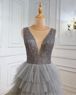Attractive Bateau Sleeveless Sequins A-Line Tulle Layers Floor-length Prom Dress_3