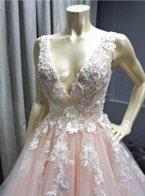 Elegant Deep V-neck Appliques Lace Tulle Princess Dress Backless A-Line Prom Dress_4