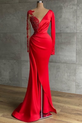 Charming Long Sleeves Crystal Embellishment Mermaid Prom Dress With Side Slit_1