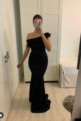 Sexy Black One Shoulder Floor-length Mermaid Prom Dress With Ruffles_1