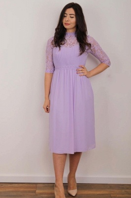 Elegant High Neck Chiffon Half Sleeves Tea-length Prom Dress With Appliques Lace_1
