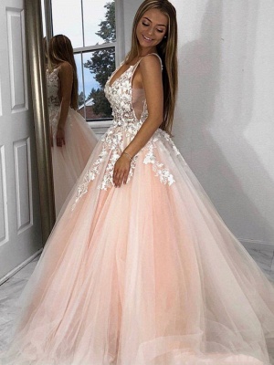 Elegant Deep V-neck Appliques Lace Tulle Princess Dress Backless A-Line Prom Dress_3