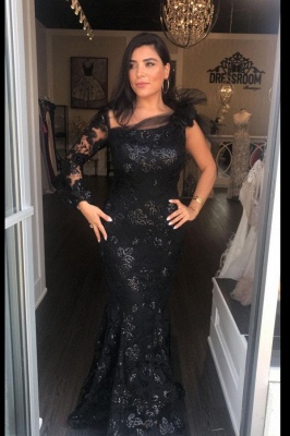 Black One Shoulder Long Sleeves Appliques Lace Tulle Mermaid Prom Dress_1