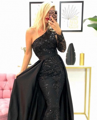 Shiny Black Sequins One Shoulder Appliques Mermaid Prom Dress With Detachable Train_2