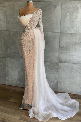 Charming One Shoulder Long Sleeve Mermaid Appliques Prom Dress With Side Train_1