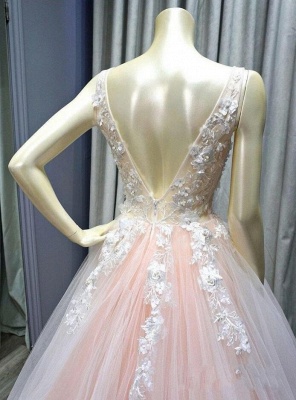 Elegant Deep V-neck Appliques Lace Tulle Princess Dress Backless A-Line Prom Dress_5