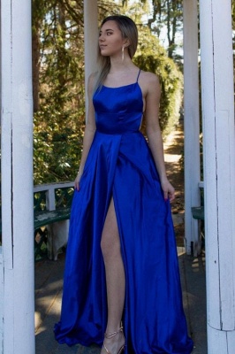 Elegant Royal Blue Spaghetti Straps A-Line Prom Dress With Side Slit Pockets_1