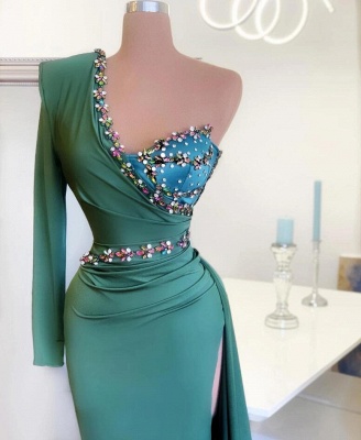 Stylish One Shoulder Long Sleeve Split Mermaid Evening Prom Dress With Crystal_2