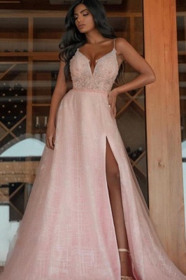 Sexy Spaghetti Straps V-neck A-Line Tulle Evening Prom Dress With Side Split_1